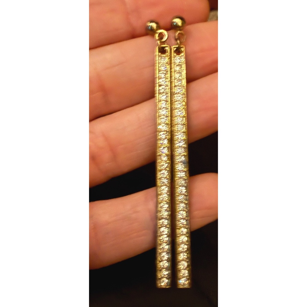 Gold Tone Rhinestone Bar Drop Earrings Linear Dangle Minimalist Vertical 2.25"